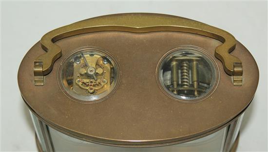 An early 20th century Duvernoy brass combined carriage timepiece and barometer, width 6in.